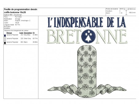 Motif de broderie machine coiffe de la bretonne