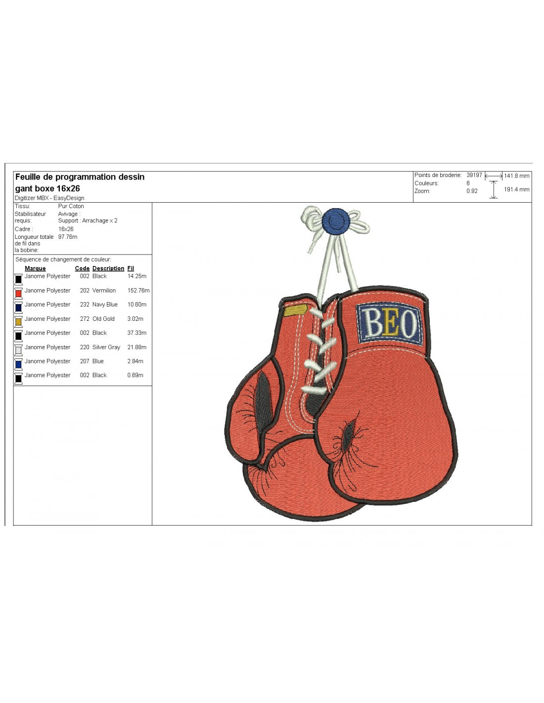 motif de broderie machine gants de boxe