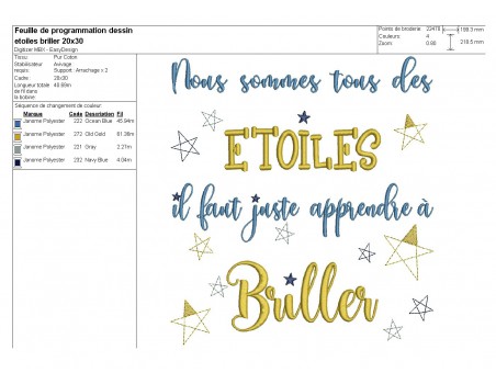 Motif de broderie  texte apprendre à briller