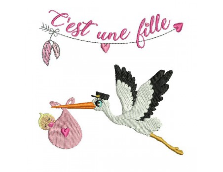 Motif de broderie machine cigogne fille