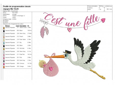 Motif de broderie machine cigogne fille