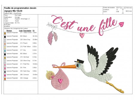 Motif de broderie machine cigogne fille