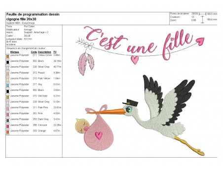 Motif de broderie machine cigogne fille