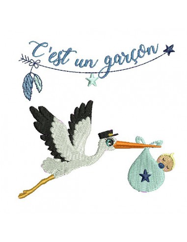 Motif de broderie machine cigogne garçon