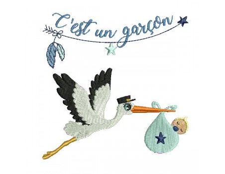 Motif de broderie machine cigogne garçon