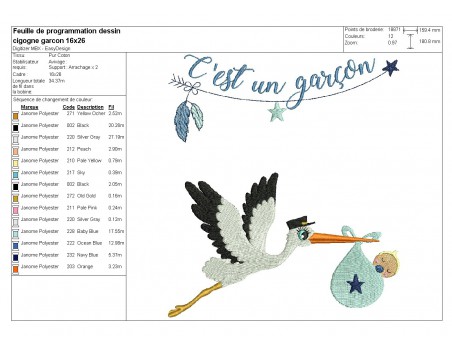 Motif de broderie machine cigogne garçon