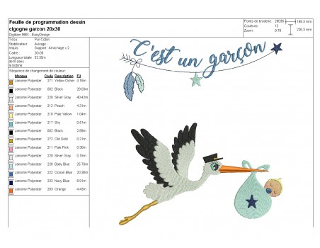 Motif de broderie machine cigogne garçon