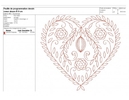 Motif de broderie machine coeur redwork Alsace