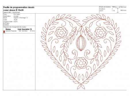 Motif de broderie machine coeur redwork Alsace