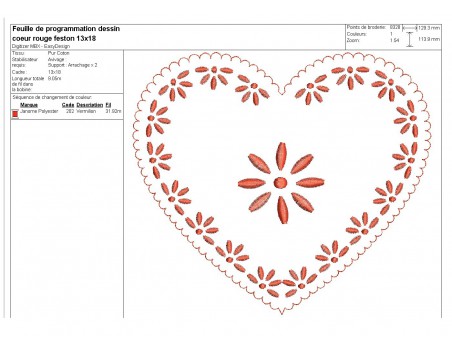 Motif de broderie machine coeur bordure alsacien