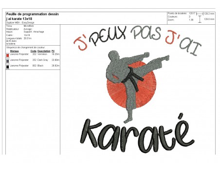 Motif de broderie machine texte j'peux pas j'ai  karaté