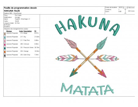 Motif de broderie machine  flèches Hakuna matata