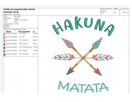 Motif de broderie machine  flèches Hakuna matata