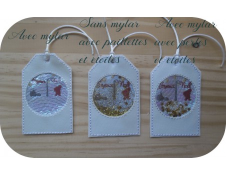 Motif de broderie machine  étiquette  boule de noël joyeux noël en mylar et en relief  ITH