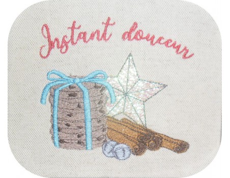 Motif de broderie machine goûter de noël avec cookies et étoile mylar