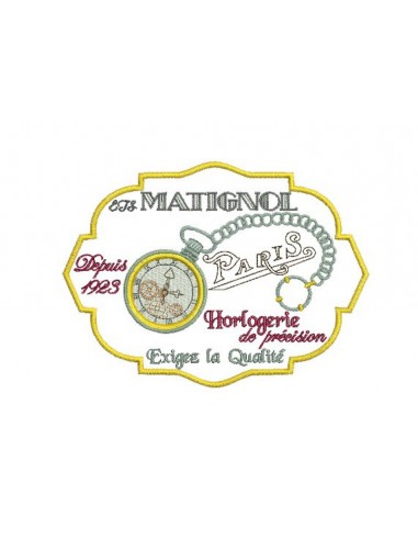 Motif de broderie plaque publicitaire horlogerie