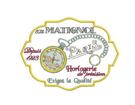 Motif de broderie plaque publicitaire horlogerie