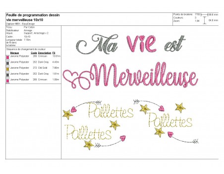 Motif de broderie  machine texte ma vie est merveilleuse