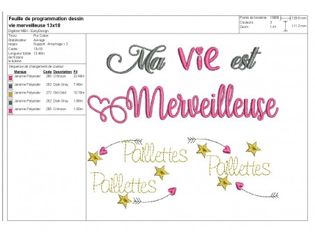 Motif de broderie  machine texte ma vie est merveilleuse