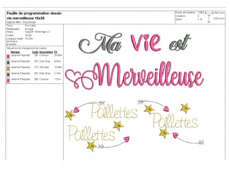 Motif de broderie  machine texte ma vie est merveilleuse