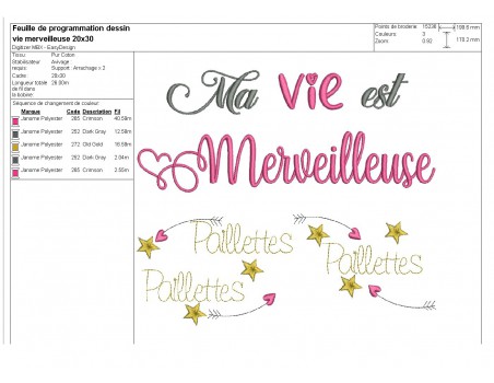 Motif de broderie  machine texte ma vie est merveilleuse