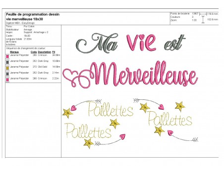 Motif de broderie  machine texte ma vie est merveilleuse