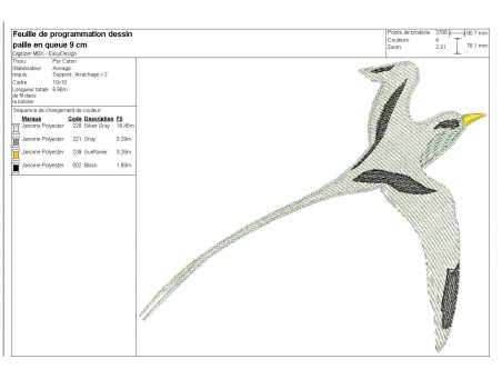 Motif de broderie machine oiseau paille en queue