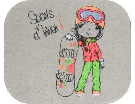 Motif de broderie machine fillette avec son snowboard