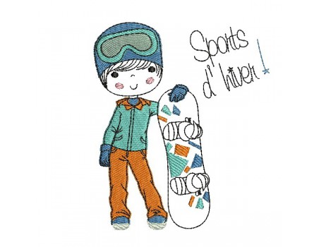 Motif de broderie machine garçon avec son snowboard