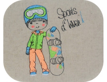 Motif de broderie machine garçon avec son snowboard