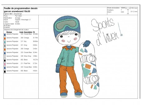 Motif de broderie machine garçon avec son snowboard