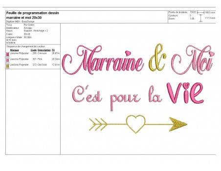 Motif de broderie  machine texte marraine et moi