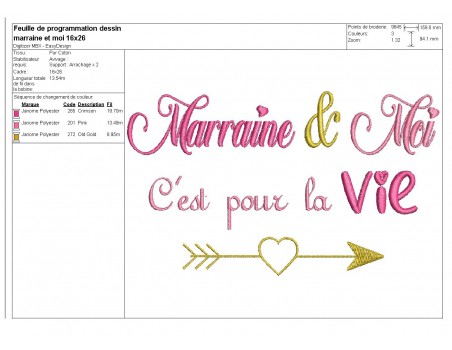 Motif de broderie  machine texte marraine et moi