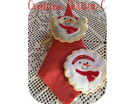 Instant dowload embroidery design  machine snowman scalloped napkin ring  ITH