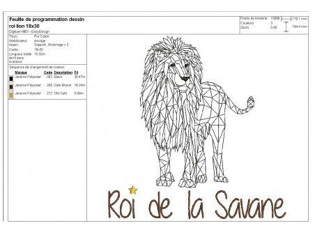 Motif de broderie machine Lion roi de la savane