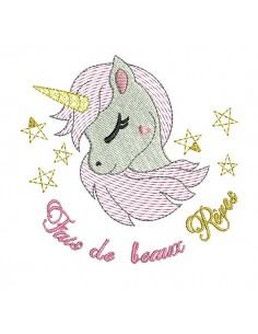 Motif de broderie machine tête de licorne mylar