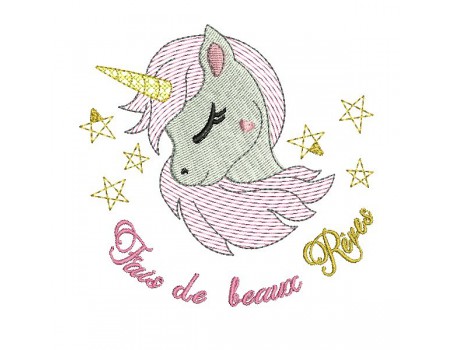 Motif de broderie machine tête de licorne mylar