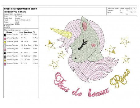 Motif de broderie machine tête de licorne mylar