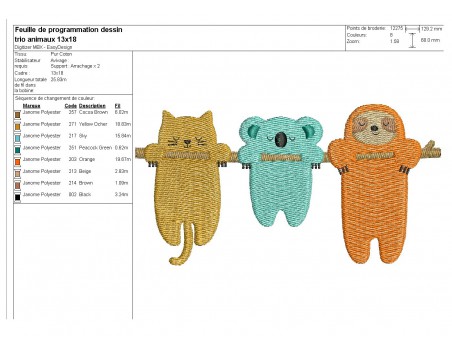 Motif de broderie machine trio d'animaux