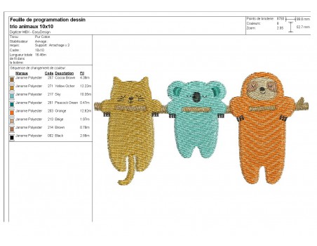 Motif de broderie machine trio d'animaux