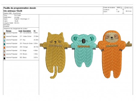 Motif de broderie machine trio d'animaux