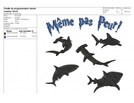 Motif de broderie machine requins même pas peur