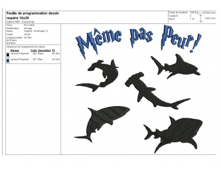 Motif de broderie machine requins même pas peur