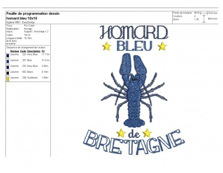 motif de broderie machine homard bleu de Bretagne