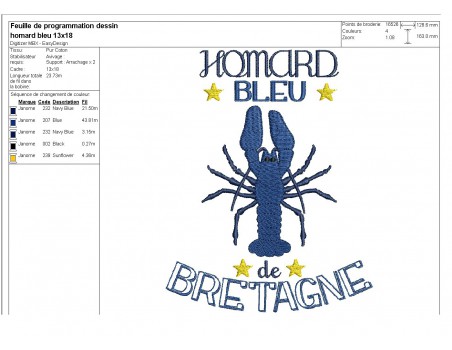 motif de broderie machine homard bleu de Bretagne
