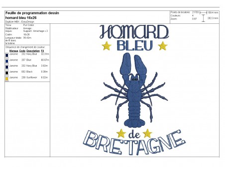 motif de broderie machine homard bleu de Bretagne