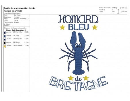 motif de broderie machine homard bleu de Bretagne