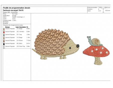 Motif de broderie machine  hérisson avec l'escargot