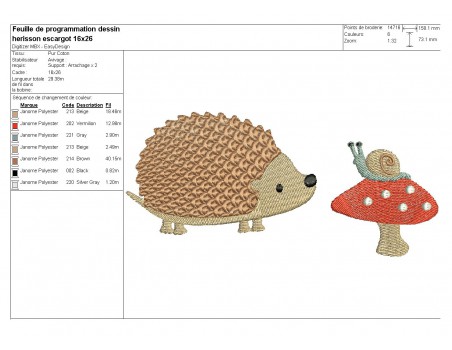 Motif de broderie machine  hérisson avec l'escargot