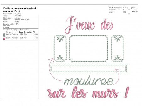 Motif de broderie  machine texte j'veux des moulures sur les murs